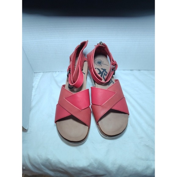 OTBT Teamwork Ankle Leather Wedge Sandals Size 10 Platform Shoes Cork Red - Picture 1 of 16